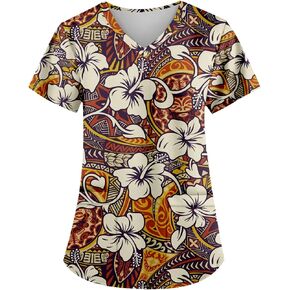 AMOMA Women's Native Indians Ethnic Tribe Print V-Neck Short Sleeve Scrub Shirts Nure Tops with Pockets