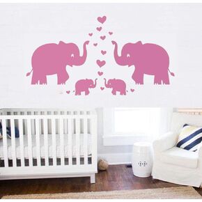 Pink Cute Elephant Family with Hearts Wall Decals Baby Nursery Decor Kids Room Wall Stickers