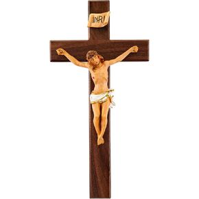 Walnut Wooden Hanging Wall Cross Crucifix with Hand-Painted Resin Corpus, Catholic Gifts for Men and Women, 12 Inch