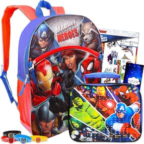 Avengers Backpack with Lunch Box Set - Bundle with 15" Avengers Backpack, Marvel Lunch Bag, Stickers, Bracelets, More | Avengers Backpack for Boys