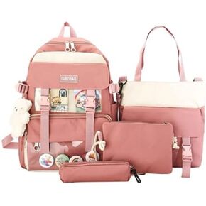 Teslawi Kawaii Backpack 5Pcs Set Aesthetic School Bags 17in Cute Bookbag with Badge&Pendant,Shoulder Bag,Pencil Box,Tote Bag (Backpack4)