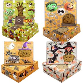 BASHOUT Halloween Cookie Boxes | 24 Pcs Variety Party Pack (4 Unique Designs) | 5" x 5" Inch Halloween Party Treat Boxes | Candy, Bakery, Gift Giving Spooky Boxes | Halloween Decorations Party Boxes