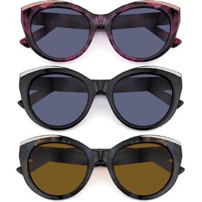 3 Pairs Reading Sunglasses for Women Oversized Full Lens Sun Readers Ladies Outdoor UV400 Protection Non Bifocal, Black + Blue Quartz + Red Leopard, 3.5