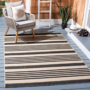 SAFAVIEH Courtyard Collection 6'7'' Square Black/Bone CY6062 Stripe Indoor/ Outdoor Patio Backyard Mudroom Area Rug