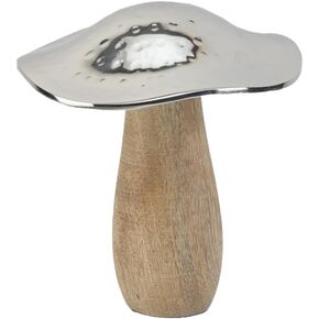 Serene Spaces Living Small Mushroom Table Decoration, 5.5-Inch Wood and Hammered Silver Metal Mushroom Sculpture Decor, Wooden Figurine for Home Decor, Table, Office, Shelf, Room Decoration
