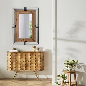 Farmhouse Mirrors for Wall Decor Living Room 24 x 36 inch, Hanging Rustic Wood Rectangle Mirror with Black Metal Frame, Unique Industrial Wall Mirrors for Bathroom Vanity Bedroom
