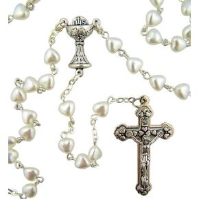 Heart Shape Prayer Beads 18 Inch First Communion Rosary with IHS Chalice Centerpiece