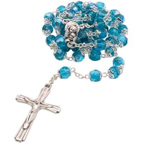 Aqua Blue Rosary with Silver-Tone Caps | Crystal Glass Multi-Faceted Beads | Catholic Prayer Devotional Beads | Great Religious Gift for First Holy Communion or Confirmation