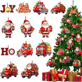 FLYAB 12PCS Santa Claus Christmas Ornaments Wooden Christmas Truck Ornaments for Christmas Tree Vintage Santa Christmas Hanging Ornaments for Xmas Party Decorations Supplies