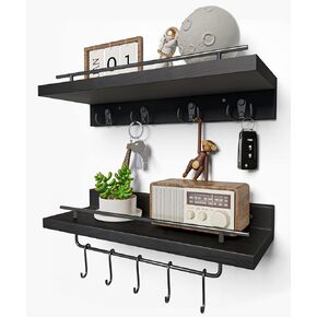 Wood Floating Shelves with Hooks, Wall Mounted Coat Rack with Shelf Set of 2, Bathroom Wall Shelf with Removable Towel Bar, Hanging Shelves with 9 Hooks for Kitchen Entryway Coffee Bar, Maple Wood