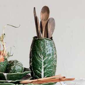 Creative Co-Op Hand-Painted Embossed Stoneware Cabbage Vase, Green