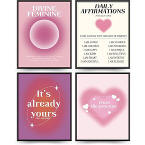 PLKMN Daily Affirmations Poster Set of 4, Y2K Posters, Pink Aura Energy Posters Wall Art Print Decor for Girls Bedroom Dorm Decor, 8x10 Prints Unframed Art