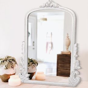 مرآة عتيقة للجدار، مرآة باروكية تقليدية مزخرفة مقوسة، مرآة أريندال خشبية معلقة لتزيين غرفة النوم وغرفة المعيشة ومدخل الحمام وديكور الموقد, 20"x16" أبيض in Kuwait