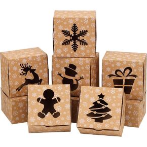 Moretoes 30pcs 4x4x2.5in Christmas Cookie Boxes, Small Xmas Bakery Boxes with Window Brown Kraft Treat Boxes for Holiday Party Favor Pastries, Cupcakes, Donuts Gift Warpping