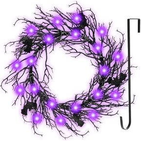 Black Bat Halloween Wreath with Hook LED Purple Lights 18 Inch Halloween Wreath with Lights Halloween Door Wreath for Front Door Halloween Decoration Indoor Outdoor Home Party Props in Kuwait
