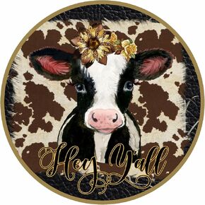 Vintage Round Tin Signs Cow Sign Hey Y'all Sign Wreath Sign Wreath Center Wreath Attachment Antique Tin Sign Metal Sign Halloween Decor Christmas Decor Stranger Things Posters Wall Decor 12x12 Inch