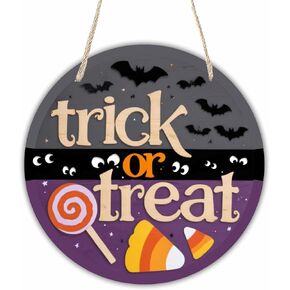 Halloween Welcome Wooden Decoration-Trick Or Treat With Watercolor Bats & Sugar Hanging Decor With A Rope-Indoor Welcome Hanging Sign Plaque-Halloween Round Wall Hanger For Home-A08
