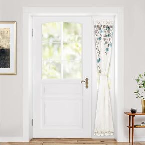 DriftAway Isabella Faux Silk Embroidered Crafted Flower Door Curtain Sidelight Rod Pocket Room Darkening Front Door 1 Panel with Adjustable Tieback 25 Inch by 72 Inch Plus 1.5 Inch Header Blue