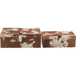 Deco 79 Leather Handmade Decorative Box Decorative Keepsake Boxes with Hinged Lid, Set of 2 Storage Boxes 17", 14"W, Brown