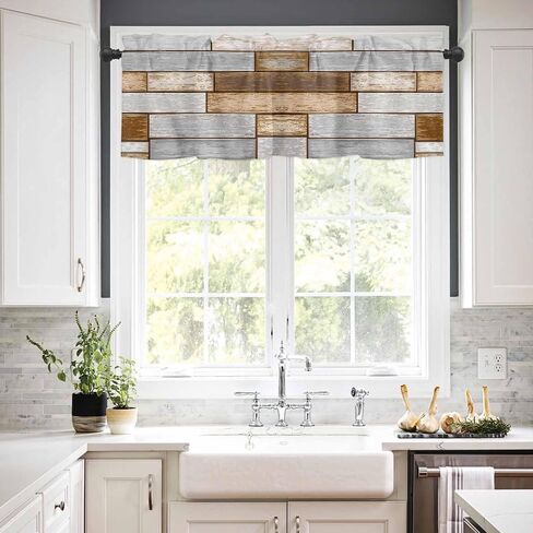 Farmhouse Grey Brown Valances for Windows, Rustic Kitchen Curtains Window Treatment Country Decor, Vintage Wooden Rod Pocket Short Window Valances for Living Room/Bedroom, 54" x 18" in Saudi Arabia