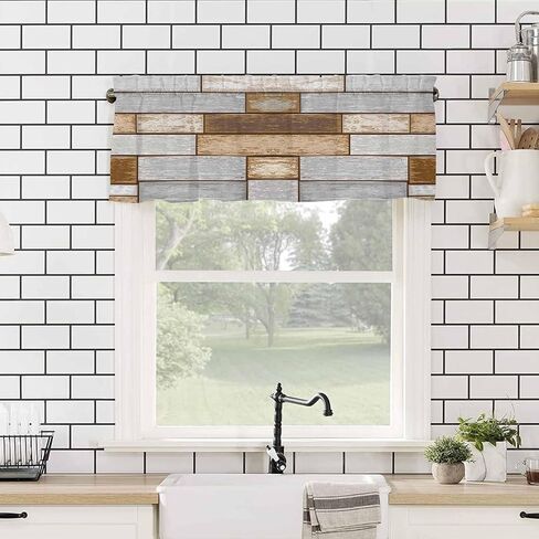 Farmhouse Grey Brown Valances for Windows, Rustic Kitchen Curtains Window Treatment Country Decor, Vintage Wooden Rod Pocket Short Window Valances for Living Room/Bedroom, 54" x 18" in Saudi Arabia