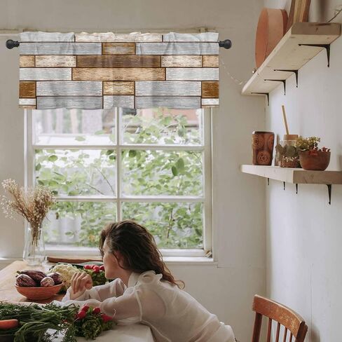 Farmhouse Grey Brown Valances for Windows, Rustic Kitchen Curtains Window Treatment Country Decor, Vintage Wooden Rod Pocket Short Window Valances for Living Room/Bedroom, 54" x 18" in Saudi Arabia