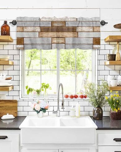 Farmhouse Grey Brown Valances for Windows, Rustic Kitchen Curtains Window Treatment Country Decor, Vintage Wooden Rod Pocket Short Window Valances for Living Room/Bedroom, 54" x 18" in Saudi Arabia