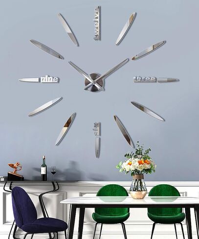 DIY Wall Clock, 3D Mirror Stickers Large Frameless Wall Clock Modern Design Watches Hours for Home Living Room Bedroom Office Decoration Gifts-Silver 012 in Saudi Arabia
