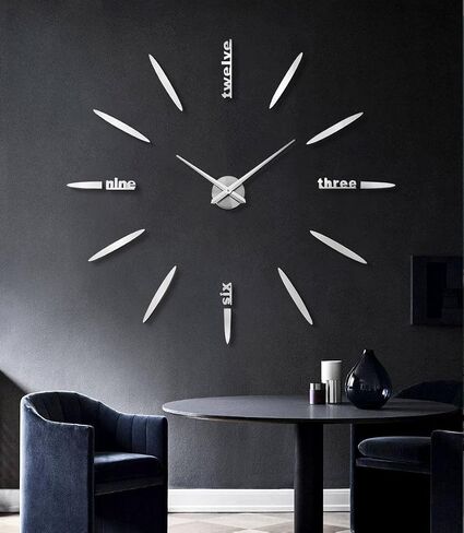 DIY Wall Clock, 3D Mirror Stickers Large Frameless Wall Clock Modern Design Watches Hours for Home Living Room Bedroom Office Decoration Gifts-Silver 012 in Saudi Arabia