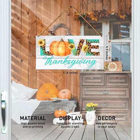 Happy Thanksgiving Wood Sign Decor, Fall Pumpkin Wall Decor for Home Porch Patio Farmhouse Kitchen Living Room Autumn Front Door Decorations Turkey Office Hanging Sign Decor in Saudi Arabia