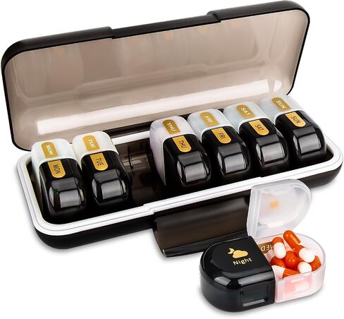 Weekly Pill Organizer, AM PM Pill Organizer 7 Days 2 Times a Day, 14 Days Detachable Pill Case, Moisture Proof Large Travel Pill Box for Vitamins Fish Oils (Black + White) in Saudi Arabia