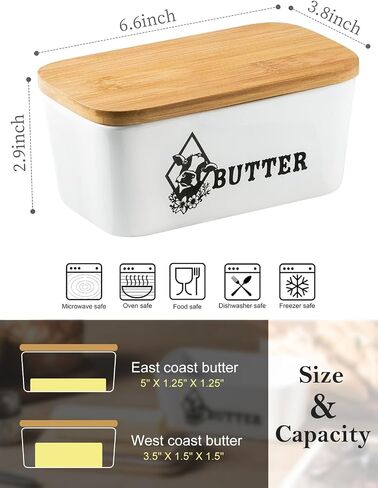 LYEOBOH Butter Dish with Lid, Extra Large Butter Keeper with Wooden Lid for Countertop, Farmhouse Decor for Kitchen Butter Holder and Container with Silicone Sealing, White in Saudi Arabia