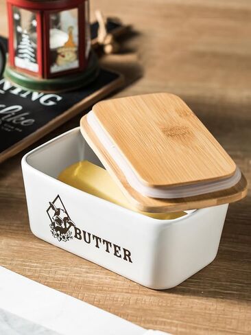 LYEOBOH Butter Dish with Lid, Extra Large Butter Keeper with Wooden Lid for Countertop, Farmhouse Decor for Kitchen Butter Holder and Container with Silicone Sealing, White in Saudi Arabia