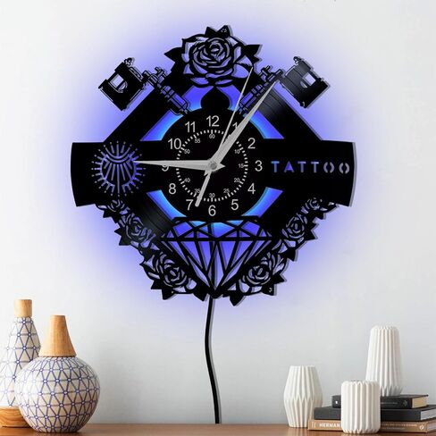 Tattoo Studio Sign Vinyl Record Wall Clock, Tattoo Artist Hipster Men Gift Tattoo, 12 inches Silent Wall Clock Watch for Tattoo Shop Decor in Saudi Arabia