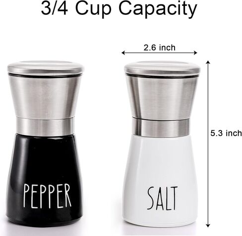 مجموعة مطاحن ملح وفلفل من تيبيري مكونة من قطعتين من الفولاذ المقاوم للصدأ مع مطحنة سيراميك قابلة للتعديل، 3/4 كوب مطحنة سيراميك للتوابل لطاولة المطبخ (BK/أبيض) in Kuwait