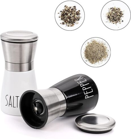 مجموعة مطاحن ملح وفلفل من تيبيري مكونة من قطعتين من الفولاذ المقاوم للصدأ مع مطحنة سيراميك قابلة للتعديل، 3/4 كوب مطحنة سيراميك للتوابل لطاولة المطبخ (BK/أبيض) in Kuwait