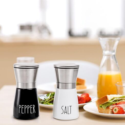 مجموعة مطاحن ملح وفلفل من تيبيري مكونة من قطعتين من الفولاذ المقاوم للصدأ مع مطحنة سيراميك قابلة للتعديل، 3/4 كوب مطحنة سيراميك للتوابل لطاولة المطبخ (BK/أبيض) in Kuwait