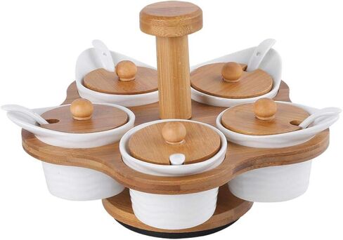 5 قطع من برطمان البهارات السيراميكي مع أغطية وملاعق وصينية خشبية، وأواني حاوية سيراميك بيضاء لتخزين التوابل وقبو الملح للمطبخ in Kuwait