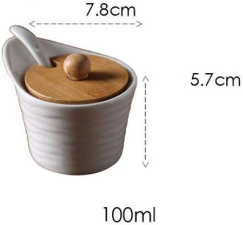 5 قطع من برطمان البهارات السيراميكي مع أغطية وملاعق وصينية خشبية، وأواني حاوية سيراميك بيضاء لتخزين التوابل وقبو الملح للمطبخ in Kuwait