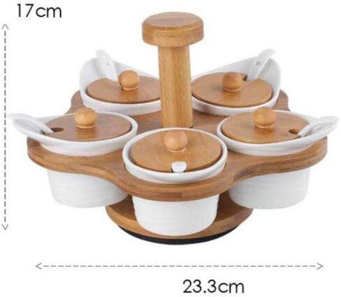 5 قطع من برطمان البهارات السيراميكي مع أغطية وملاعق وصينية خشبية، وأواني حاوية سيراميك بيضاء لتخزين التوابل وقبو الملح للمطبخ in Kuwait