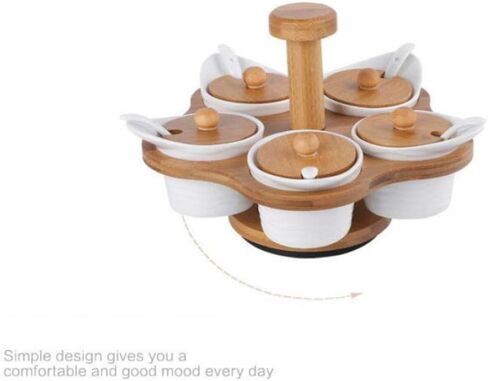 5 قطع من برطمان البهارات السيراميكي مع أغطية وملاعق وصينية خشبية، وأواني حاوية سيراميك بيضاء لتخزين التوابل وقبو الملح للمطبخ in Kuwait