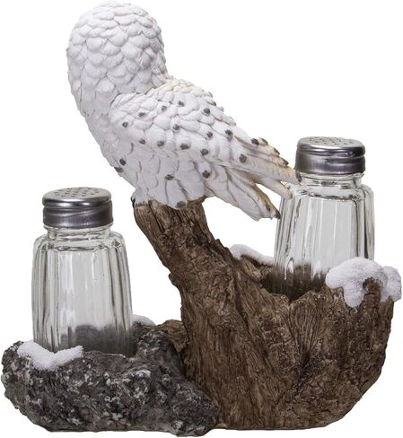 Pacific Giftware Snowy Owl Perching On Tree Branch Spiritual Realistic Decorative Glass Salt and Pepper Shakers Set with Resin Holder in Saudi Arabia