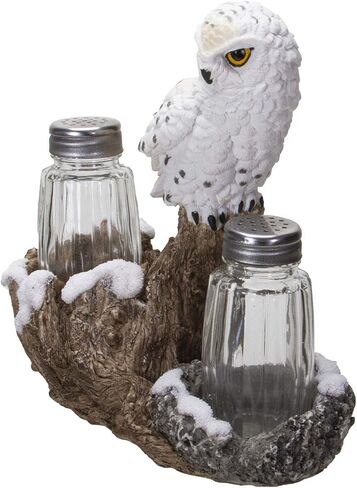 Pacific Giftware Snowy Owl Perching On Tree Branch Spiritual Realistic Decorative Glass Salt and Pepper Shakers Set with Resin Holder in Saudi Arabia
