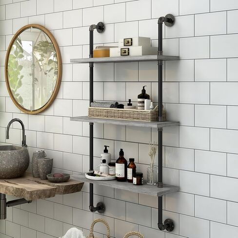 24/7 Shop at Home Citadel Industrial Metal 3 Tiers Decorative Wall-Mounted Shelf for Bathroom, Kitchen, Living Room, Bedroom, Home Office, Laundry Room, Entryway, Vintage Gray Oak in Saudi Arabia