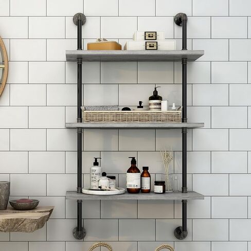24/7 Shop at Home Citadel Industrial Metal 3 Tiers Decorative Wall-Mounted Shelf for Bathroom, Kitchen, Living Room, Bedroom, Home Office, Laundry Room, Entryway, Vintage Gray Oak in Saudi Arabia