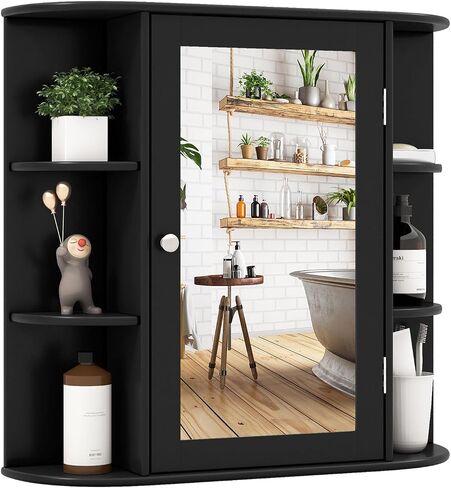 Tangkula Bathroom Medicine Cabinet with Mirror, Wall Mounted Bathroom Storage Cabinet w/Mirror Door & 6 Open Shelves, Adjustable Shelves, Mirrored Bathroom Wall Cabinet (White) in Saudi Arabia