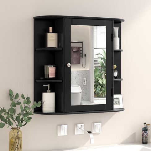 Tangkula Bathroom Medicine Cabinet with Mirror, Wall Mounted Bathroom Storage Cabinet w/Mirror Door & 6 Open Shelves, Adjustable Shelves, Mirrored Bathroom Wall Cabinet (White) in Saudi Arabia