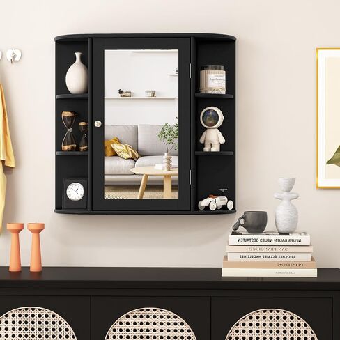 Tangkula Bathroom Medicine Cabinet with Mirror, Wall Mounted Bathroom Storage Cabinet w/Mirror Door & 6 Open Shelves, Adjustable Shelves, Mirrored Bathroom Wall Cabinet (White) in Saudi Arabia