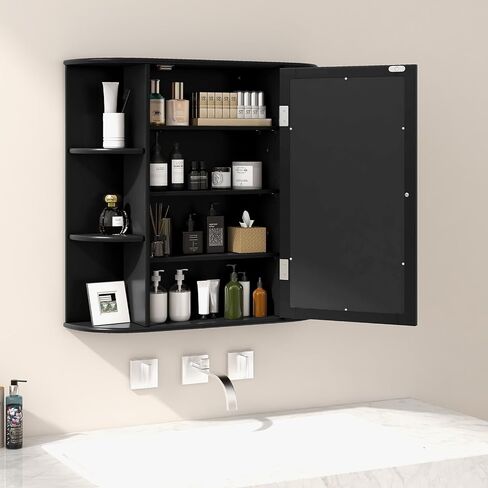 Tangkula Bathroom Medicine Cabinet with Mirror, Wall Mounted Bathroom Storage Cabinet w/Mirror Door & 6 Open Shelves, Adjustable Shelves, Mirrored Bathroom Wall Cabinet (White) in Saudi Arabia