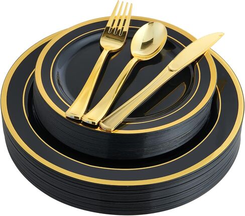 125 Count Halloween Dinner Plastic Plates Include 25 Plastic Plates 25 Disposable Dessert Plates & Gold Disposable Silverware, Plastic Dinnerware Set Providing for 25 Guests for Party, Wedding in Saudi Arabia
